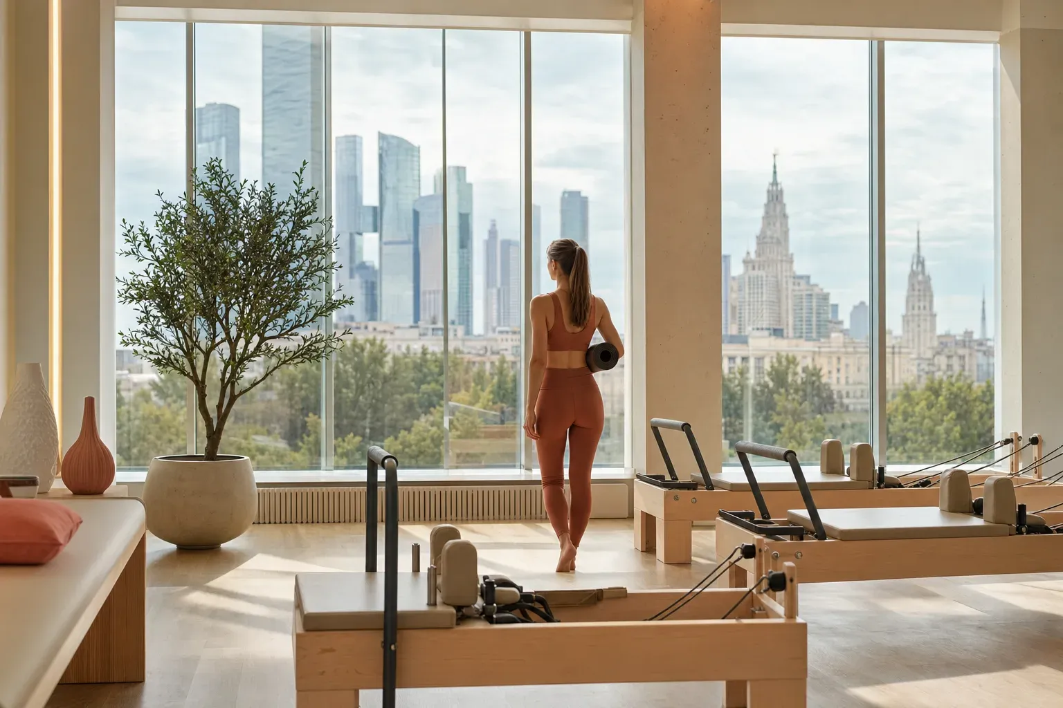 Группа занимается динамическим пилатесом на реформерах в студии AirFit