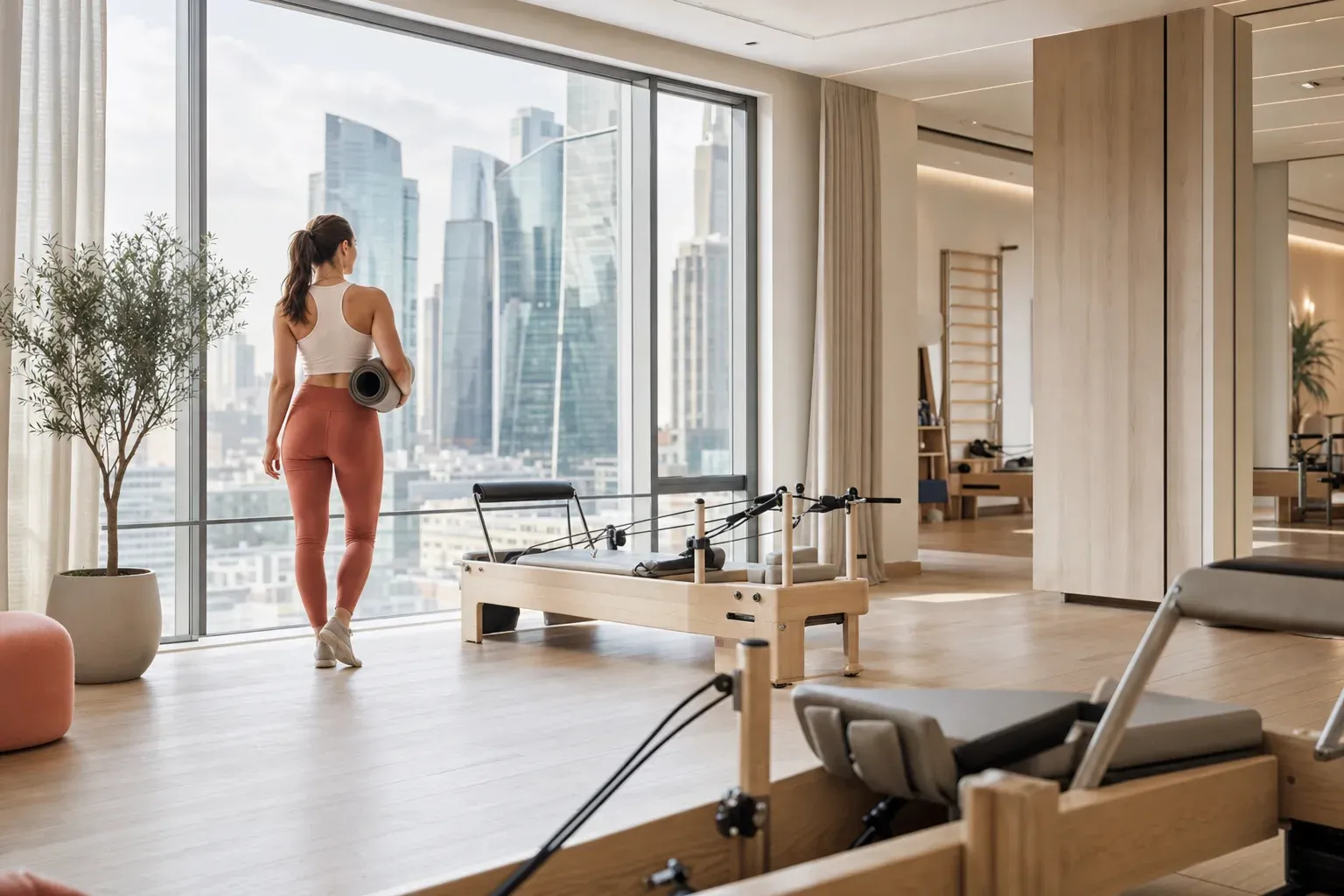 Группа занимается динамическим пилатесом на реформерах в светлой студии AirFit